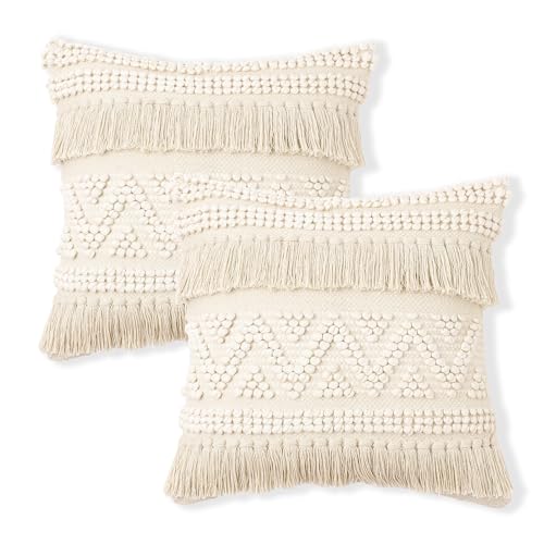 · REDEARTH · Boho Textured Throw Pillow Cushion Covers - Woven Tufted Decorative Farmhouse Cases Set for Couch - Bed - Chair - Dining - Covered Patio - 100% Cotton (18"x18" - Natural) Pack of 2 - color: Earthy Fringe Natural, size: 18" x 18" (Pack of 2)