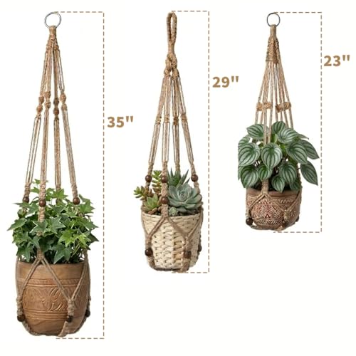 Macrame Plant Hanger 3 Pack, Jute Hanging Planter Holder Set, Brown, 35/29/23 in,with 3 Ceiling Hooks and 3 S Hooks,Suitable for Indoor and Outdoor Home Decor (Pots and Plant Not Included) - color: Brown