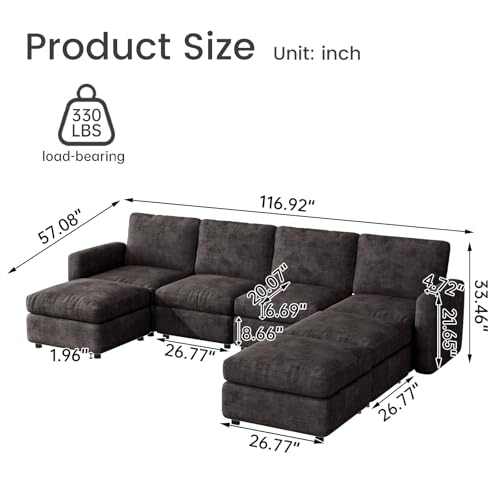 Guyii 116" 7 Seater Modular Sectional Sofa with Storage Ottomans, U Shaped 7 Pieces Sofa Couch with Thick Cushion Seats and Back,Fabric Upholstery Couch for Living Room Dark Gray Easy Assemble - color: Dark Gray, size: 7 seater(with 3 ottomans)