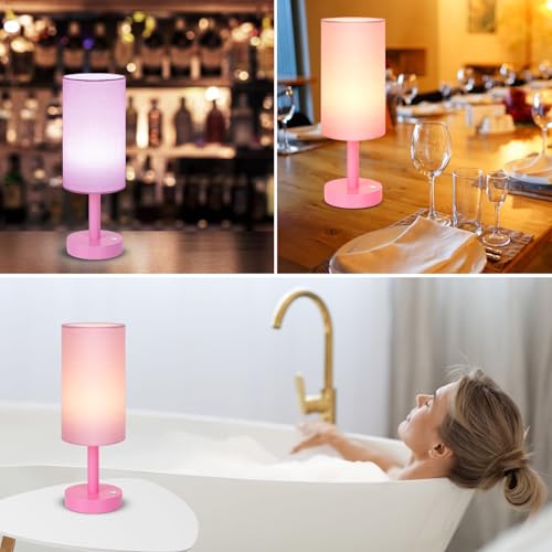 LALISU Small Table Lamp Nightstand Lamp Linen Lampshade Bedroom Wood Base Small Bedside Lamp for Night Stands, Desk Lamps for Reading Living Room, Office (LED Bulb Included) (Pink) - color: Pink
