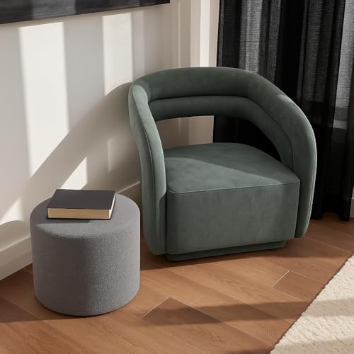 Grey Round Ottoman Foot Rest Stool – Modern Boucle Fabric Footstool with Soft Foam Filling, Lightweight Pouf for Living Room, Bedroom, Home Office – Neutral Grey - color: Grey