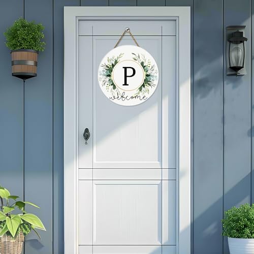 Monogram Letter P Wreaths for Front Door Wreath Wooden Welcome Sign for Front Door Decor Floral Family Last Name Initial House Warming Spring Summer Porch Rustic Wall Home Kitchen Boho Decorations - color: Letter P