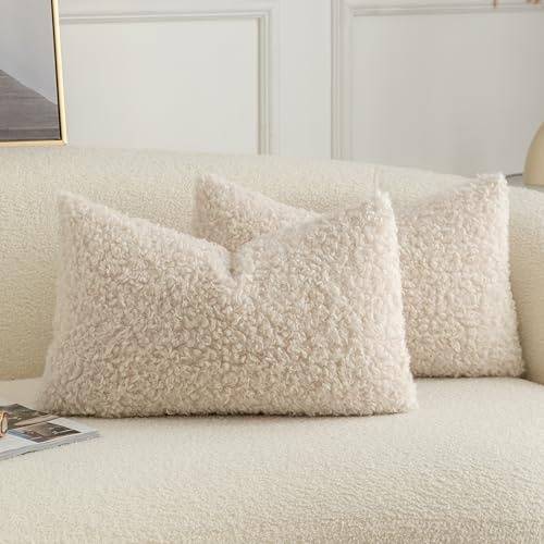 Pack of 2 Curly Teddy Wool Faux Fur Throw Pillow Covers Fuzzy Accent Soft Sherpa Pillowcases Sheepskin Fleece Decorative Cushion Case for Sofa Couch Living Room 12x20 Inch Neutral Light Beige - color: Neutral Light Beige, size: 20" x 12" (Pack of 2)