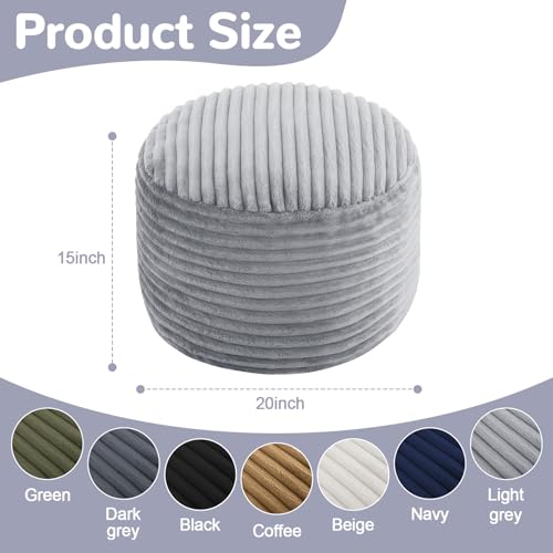 MeMoreCool Stuffed Round Pouf Ottoman Foot Rest, Soft Plush Floor Pouf Foot Stool, Corduray Footstool Footrest, Small Round Ottoman for Living Room Couch Sofa Chair, 20x15 Inch Grey - color: Ribbed Light Grey