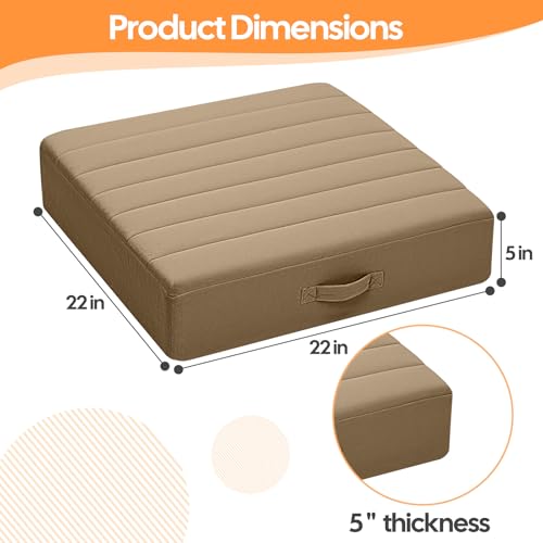 MeMoreCool Square Floor Pillows for Adults Kids, 2 Sets Large Meditation Cushion with 5" Thick Foam and Washable Tufted Cover, 22 Inch Coffee Seat Floor Cushions for Sitting and Yoga - color: Light Coffee, size: 22 Inch