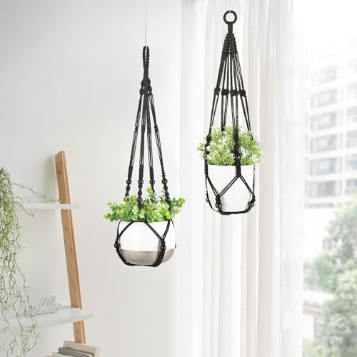 Mkono 3 Pack Macrame Plant Hangers Indoor Different Size Hanging Planter Basket Flower Pot Holder with Beads No Tassels 35"/29"/23", Medium, Black - color: Black, size: Medium