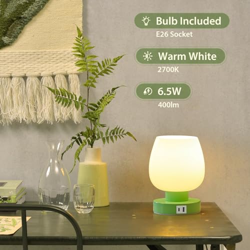 Touch Bedside Table Lamp with USB Charging - Modern Green Small Lamp for Bedroom Living Room Nightstand, Desk lamp with Glass Lamp Shade, Warm LED Bulb Included, 3 Way Dimmable, Simple Design - color: USB-green_1pack, size: USB