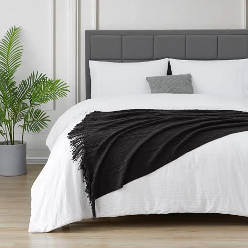 BOURINA Black Throw Blanket 50x60 Inches Throw Textured Solid Soft Sofa Couch Decorative Knit Blanket - color: Black, size: 50"x60"