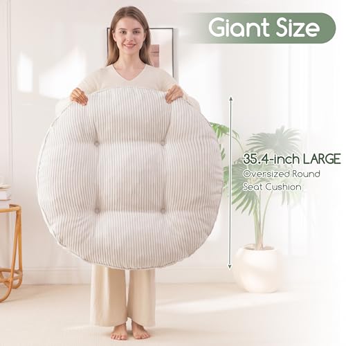 HIGOGOGO 35" Floor Pillow Cushion for Adults, Meditation Cushion Pillow, Extra Large Square Floor Sitting, Tufted Corduroy Cover for Tatami Living Room or Yoga, Beige - color: Beige, size: 4" Thick Round