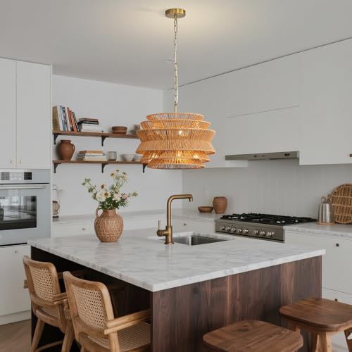 6-Light Boho Rattan Chandelier, 17.7 inch Hand Woven Farmhouse Hanging Light Fixture, Rustic Woven Ceiling Lamp for Kitchen Island, Dining Room, Living Room & Foyer - color: 17.7" Brown