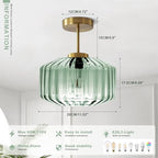Sage Green Ribbed Glass Semi-Flush Mount Ceiling Light, 11.02" Modern Close to Ceiling Lamp, Gold Ceiling Light Fixture for Kitchen Bathroom Hallway - color: Mint Green, 1-Light
