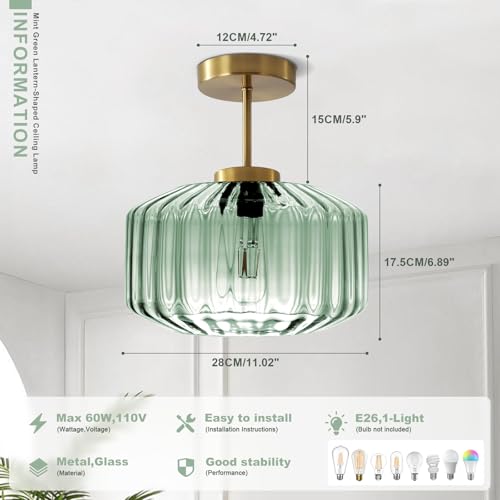 Sage Green Ribbed Glass Semi-Flush Mount Ceiling Light, 11.02" Modern Close to Ceiling Lamp, Gold Ceiling Light Fixture for Kitchen Bathroom Hallway - color: Mint Green, 1-Light