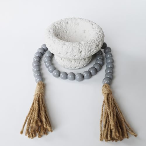 Boho Decor Wood Beads Garland Farmhouse Wall Hanging Decorations Natural Wooden Bead Tassel Decorative for Coffee Table Christmas and Prayer (Gray, 39") - color: Grey, size: 39"