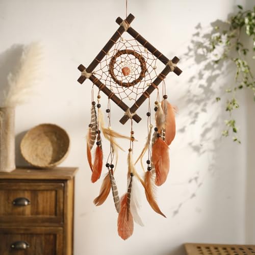 Dream Catcher Native American Boho Dreamcatcher Rattan Wood Wall Decor, Handmade Natural Dream Catchers with Healing Crystal Stone Feathers Ornament Indian Decor for Bedroom Living Room - color: Brown Orange Mix
