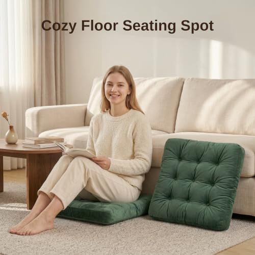 Floor Pillows for Adults Set of 2, Soft Velvet Floor Cushions for Sitting, Square Tufted Floor Pillow Set for Reading Nook, Living Room, Bedroom, 22 x 22 Inch, Green - color: Green, size: 2pack