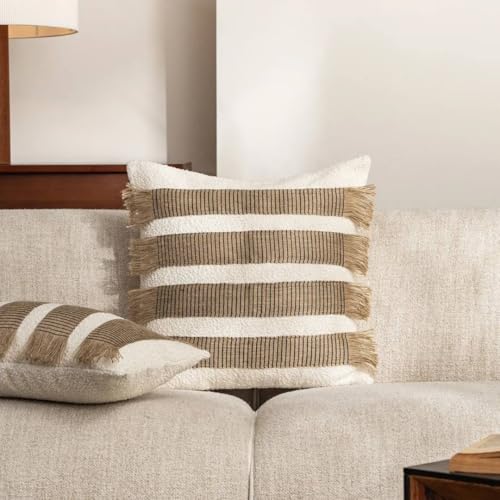 MOCOFO Handwoven Jute Cotton Striped Pillow Covers, Wabi Sabi Boho Farmhouse Decorative Throw Cushion Cover with Fringe(Cover Only) (White/Natural, 12x20) - color: White/Natural, size: 20" x 12" (Pack of 1)