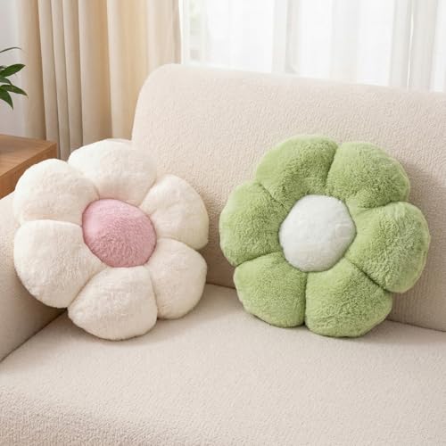 2 Pcs Flower Floor Pillow, Daisy Flower Shaped Pillows Set, Cute Green Decorative Throw Pillows Floor Cushions for Girls Bedroom Bed Couch Preppy Room Decor (White & Green, 15 INCH) - color: White & Green
