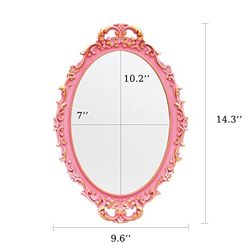 Tstarer Vintage Decorative Pink Framed Mirror, Wall Hanging Mirrors & Tabletop Tray for Bedroom Living Room Dresser Decor, Oval- 9.6" W x 14.3" L (Pink) - color: Pink