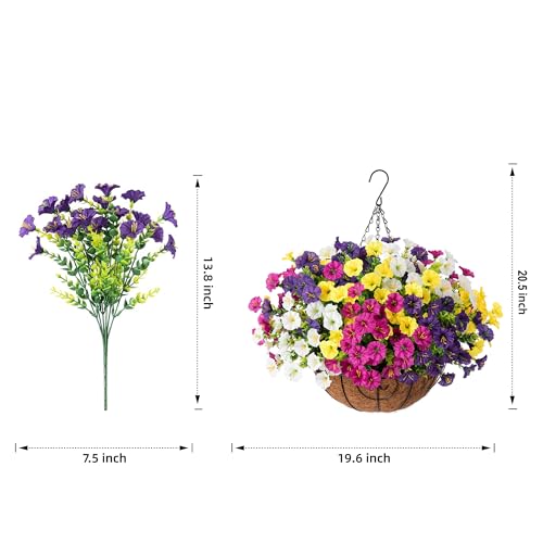 2 Set Artificial Fake Hanging Flowers Plants Baskets for Outdoors Spring Outside Decor , UV Resistant 24 Pcs Faux Silk Morning Glory with 2 Outdoor Hanging Planters Look Real for Porch Patio Balcony - color: 4 Multi