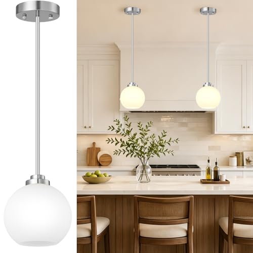 MQMQA 2 Pack Globe Pendant Lights, Mid Century Brushed Nickel Pendant Light Fixtures, Globe Pendant Lights Kitchen Island with Milk Glass Shade Hanging Fixture for Dining Room (Bulbs not Included) - color: Brushed Nickel + Milky White Glass 2 Pack