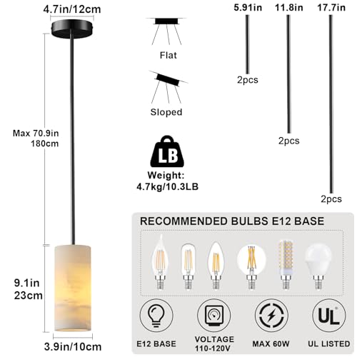 YUYI Alabaster Pendant Light Kitchen Island, H-9.5in Black Pendant Light Fixtures with Natural Marble Shade, Adjustable Ceiling Pendant for Dining Room, Living Room, Bedroom & Bathroom - color: 2-Black, size: 1 Pack