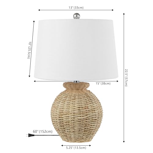 JONATHAN Y 22" Brown Rattan Rustic Coastal Table Lamp Set of 2, Woven Wicker Globe Base with White Linen Shade for Living Room Bedroom, UL Listed, LED Bulbs Included JYL4050A-SET2