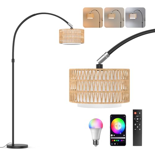 Arc Floor Lamp with Remote Control, Dimmable LED Floor Light with 3 Color Temperature, Black Standing Lamp with Rattan & Fabric Double Drum Shade, Boho Farmhouse Tall Floor Lamp for Living Room - size: Arc-Lantern Shade