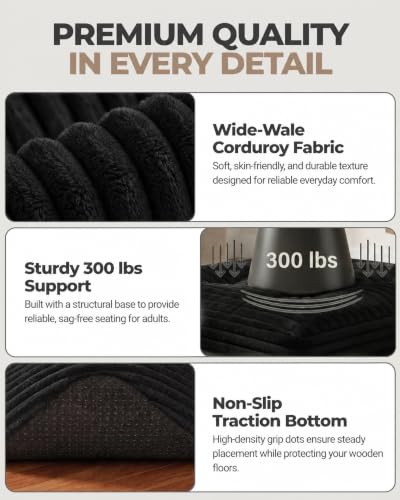 23.6in Pouf Ottoman, Corduroy Ottoman Foot Rest with Dual‑Layer Support, Large Poofy Pouf with Soft Chunk‑Foam Top & Firm Foam Base, Floor Foot Stool for Living Room, Black - color: Black