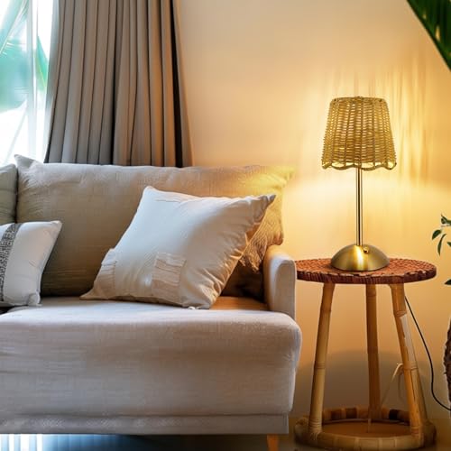 Pickmesh 1 Pack Rattan Table Lamp Woven Boho Table Lamp with Gold Tone Base Wicker Night Light Cordless LED Desk Lamps for Living Room Bedroom Home Decor, 2600mah Battery Operated