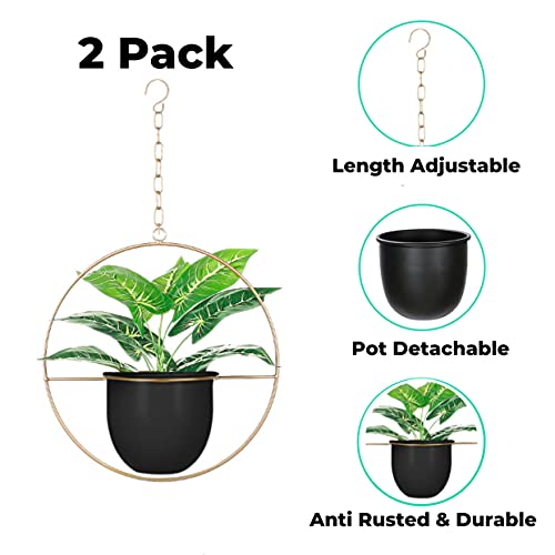 2 Pack Hanging Planters for Indoor Plants with 5.5" Pot + Ceiling Hook + Extender Chain | Hanging Plant Holder, Metal Minimalist Planter, NO Plant incld - color: Black & Gold