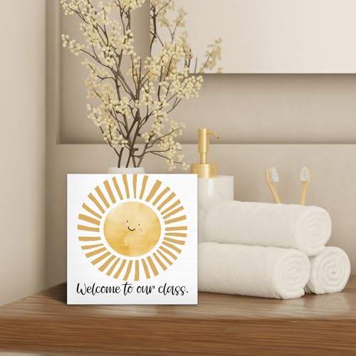 Boho Classroom Sunshine Wood Box Sign Desk Decor 5X5, Pop Smiles Rustic Welcome To Our Calss Wooden Sign Decorations for School Classroom Library Reading Nook Corner Wall Tabletop Shelf Decor - color: Colour 04, size: 5X5