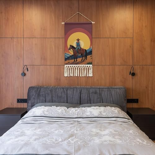 QMNBTES West Cowboy Wall Tapestry with Tassels Long Tapestry Wall Hanging Vertical Custom Tapestries Aesthetic Hanging Tapestries Boho Wall Art Decoration for Bedroom Living Room Dorm 19.6x10 Inch