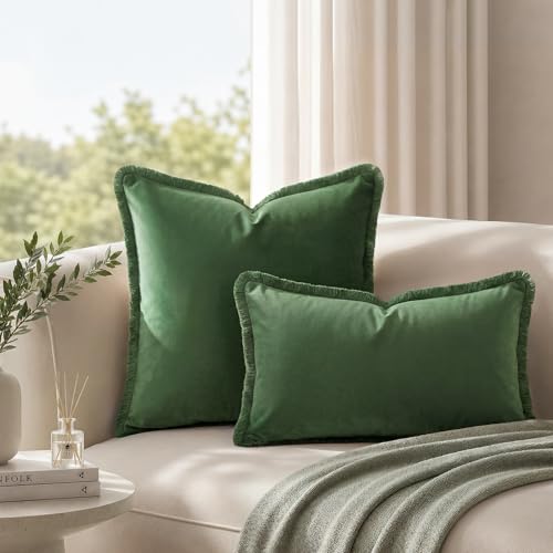 HOMEIDEAS Olive Green Velvet Throw Pillow Covers 18x18 Set of 2, Luxury Decorative Pillow Covers with Short Fringe Tassels, Modern Farmhouse Boho Cushion Covers for Sofa Couch Bed Neutral Home Decor - color: Olive Green, size: 18" x 18" (Pack of 2)