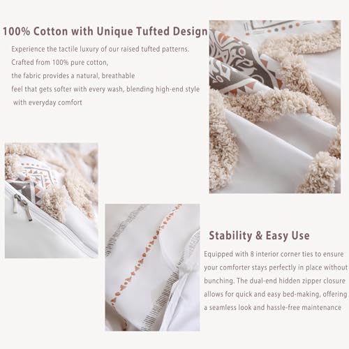 Herside Beige 100% Cotton Boho Duvet Cover Set Queen Size, 3-Piece Tufted Textured Modern Boho Moroccan Bedding, Aztec Geometric Farmhouse Comforter Cover with 8 Corner Ties & Double Zipper - color: Beige, size: Queen(No Comforter)