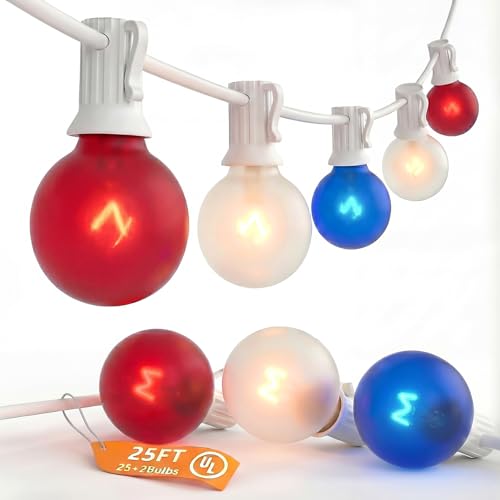SUNSGNE 25FT G40 Red White and Blue String Lights Outdoor, Frosted Globe 4th of July Lights, Waterproof Connectable Patriotic Light for July 4th Independence Day, Memorial Day - color: Frosted Red White Blue-White, size: 25 Ft