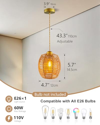 Boho Rattan Pendant Light, Hand-Woven Rattan Pendant Lighting, 4.7″ Small Wicker Chandelier, Woven Hanging Light Fixture for Kitchen Island Dining Room Bedroom Hallway - color: 4.72″-Drum-shape