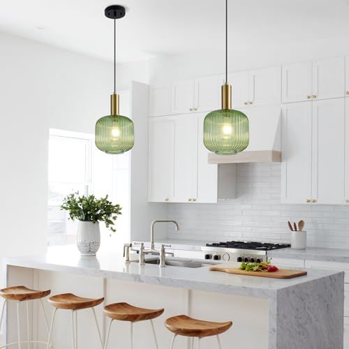 8 Inch Green Glass Pendant Lights Small Modern Chandelier Pendant Lighting Mid Century Hanging Lights Adjustable Kitchen Island Light for Dining Room Bedroom Hallway - color: 8 Inch Green