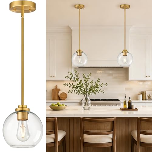 2 Pack Gold Globe Pendant Lights, Mid Century Gold Pendant Light Fixtures, Globe Pendant Lights Kitchen Island with Clear Glass Shade Adjustable Hanging Fixture for Dining Room (Bulbs not Included) - color: Brushed Gold + Clear Glass 2 Pack