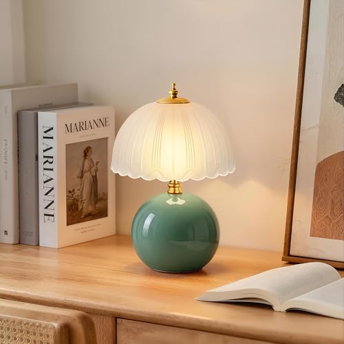 PARTPHONER Mushroom Table Lamp, Ceramic Bedside Lamp with Glass Shade, 3-Way Lighting (2700K-5000K) Rocker Switch, Small Nightstand Lamp for Bedroom, Living Room, Office, Green - color: Green