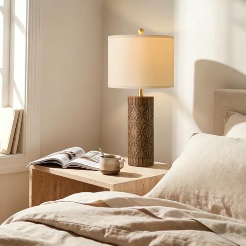 BOBOMOMO 24.25" Modern Farmhouse Table Lamps Set of 2, Geometric Wood Grain Resin Bedside Lamps for Nightstand, Rustic Lamps for Living Room, Bedroom, Entryway, Home Decor, Linen Shade - size: 24.25"