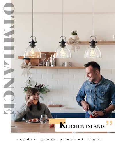 Black Pendant Lights Kitchen Island 2 Pack, 7.5" Seeded Glass Pendant Lights, Vintage Industrial Pendant Light Kitchen Island, Farmhouse Pendant Lighting for Kitchen, Dining Room, Bar, Cafe - color: Seeded Glass-Black+Cord, size: 2-Pack