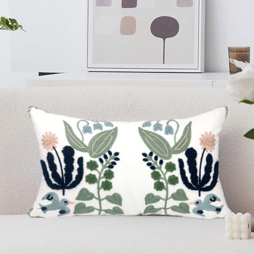 Alysheer Floral Embroidered Summer Lumbar Decorative Throw Pillow Cover 12"x 20", Farmhouse Cottage Navy Blue Green Flowers Leaves Patterned Cotton Canvas Cushion Case for Sofa Couch Bed Living Room - color: - Blue Green, size: 20" x 12" (Pack of 1)