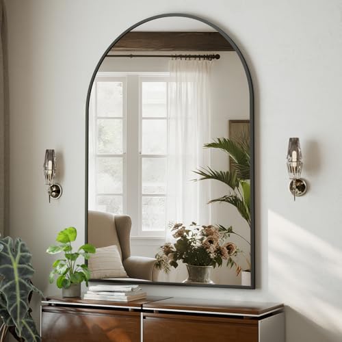 HARRITPURE Arched Bathroom Mirror - 32"x48" Black Large Wall Mounted Vanity Mirror Aluminum Alloy Frame Arch Wall Mirror for Living Room, Bedroom and Entryway - color: Black-1pcs, size: 48"L x 32"W