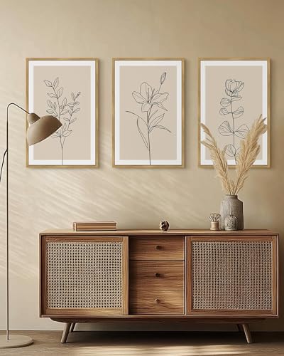 Drsoum Black Line Flower Wall Art Vintage Floral Minimalist Wall Hanging Decor Bohemain Botanical Prints Artwork for Bedroom Living Room Hallway 16x24in Natural Framed - color: Bohemain Flower, size: 16x24in, Natural Framed