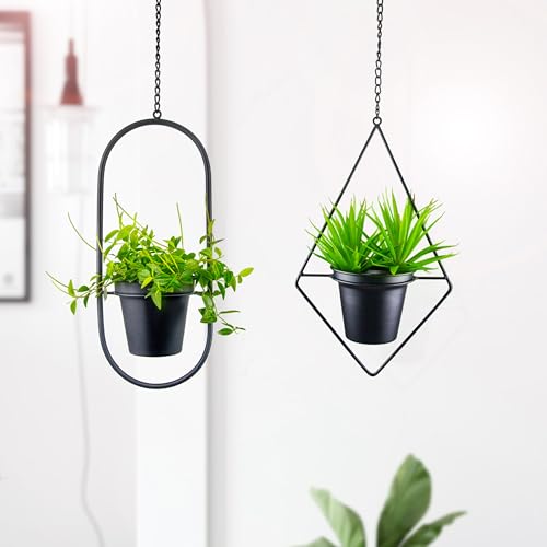 Modern Metal Hanging Planters Set of 2 - Geometric Diamond and Oval Plant Hangers with 5 inch Pots - Black Wall or Ceiling Mount Flower Holders for Indoor and Covered Outdoor Décor - size: OVAL+DIAMOND - 5 INCH POT
