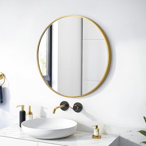 SCWF-GZ 20" Round Mirror Circle Wall Mounted Hanging or Against Wall Metal Frame Dressing Make-up Mirrors for Entryway Bedroom Bathroom Living Room 20 inch Gold - color: Gold, size: 20"L x 20"W