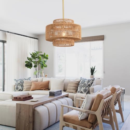 12.4" Rattan Pendant Light,1-Light Boho Chandelier Light Fixture Farmhouse Rattan Hanging Ceiling Lighting Fixture for Dining Room, Living Room, Kitchen Island, Bedroom, Hallway, Foyer - size: 12.4″ Brown