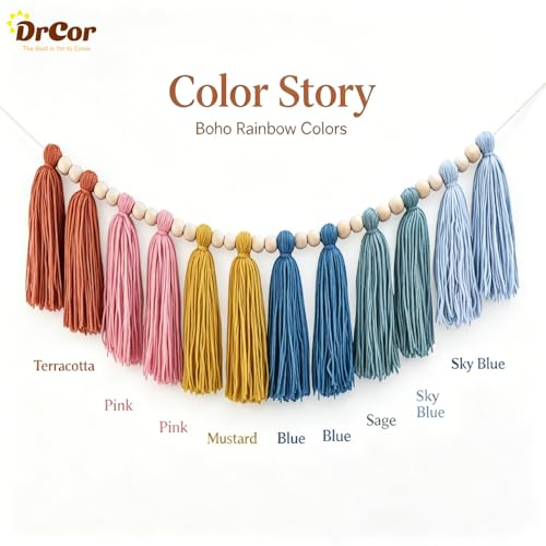 DrCor Boho Rainbow Tassel Garland – Earth Tone Classroom Decor for Bulletin Board, Reading Corner, Kids Room, Nursery, Teacher Classroom, Back to School & Birthday Decorations - color: Earth Rainbow
