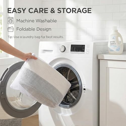 JMvicyroam 65L Extra Large Blanket Basket for Living Room - Woven Cotton Rope Laundry Hamper with Reinforced Handles - Storage Bin for Pillows, Comforters & Toys - Machine Washable,White&Grey - color: White&Grey, size: 65L