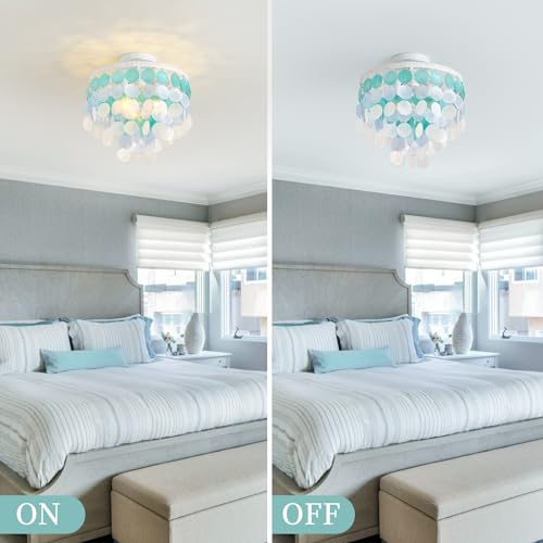 13.8" Natural Capiz Shell Chandelier 3 Light Mini Chandelier Boho Ceiling Light Entryway Light Fixture for Girls' Bedroom Hallway Living Room Dinning Room Brushed White Bulb Included - color: Ocean Blue, size: 13.8 inch